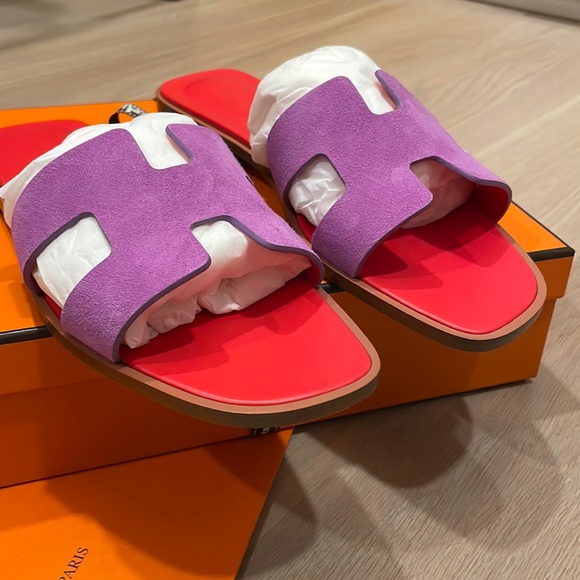 LBNIB AUTHENTIC HERMES Suede Purple & Hot Pink Orans SZ. 38.5 or 8.5 - Picture 7 of 14